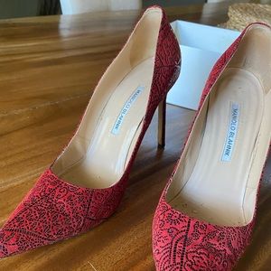 Manolo Blahnik red and black suede pumps. Used. Come in original box.